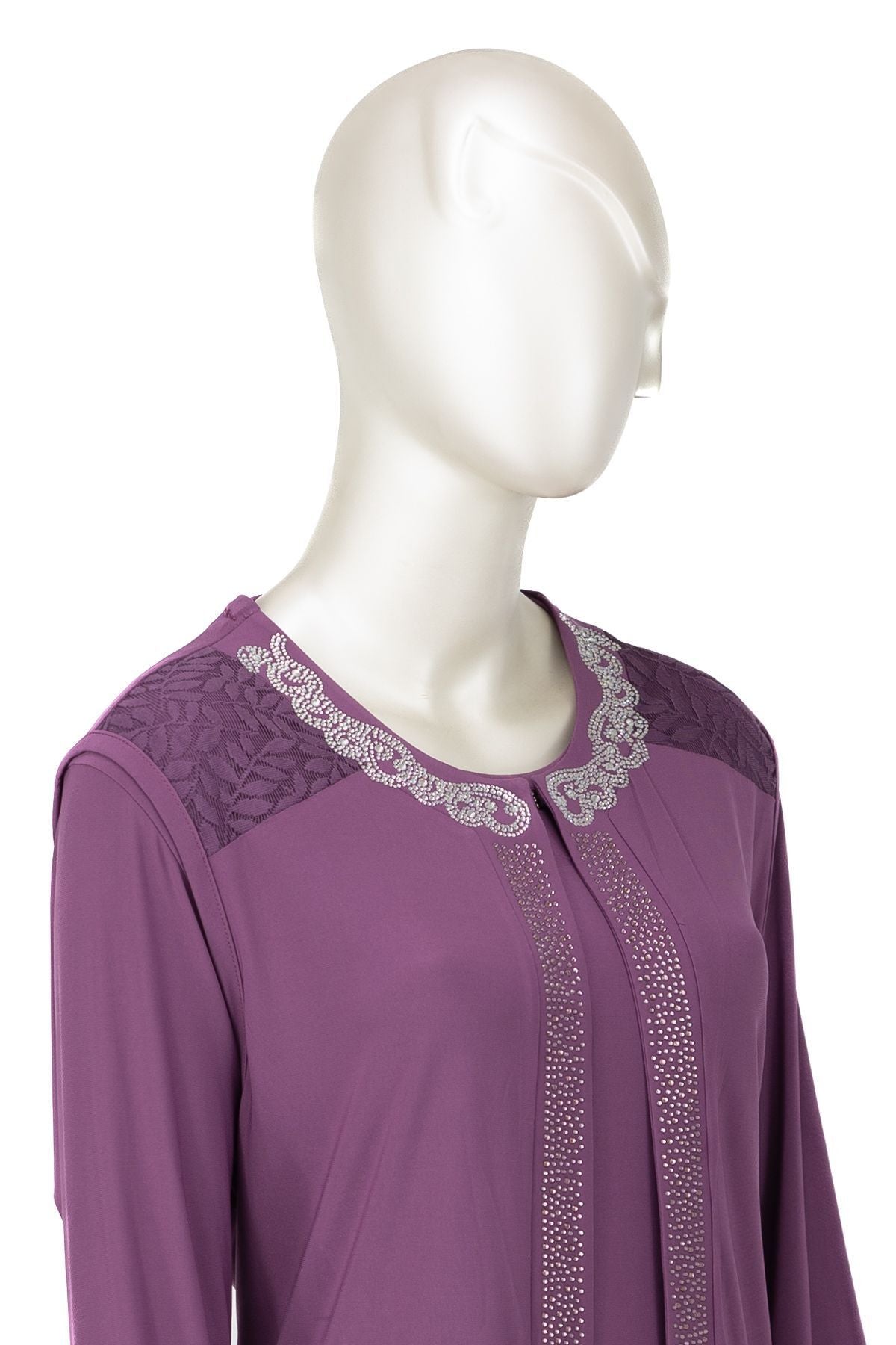 Kadın Elmas Kolyeli Yuvarlak Yaka Taşlı Likralı Sandy Kumaş Yelekli Takım Anne Abiye Elbise